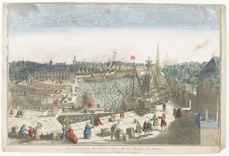 LE HAVRE FÊTE SES 500 ANS Vue perspective du Bassin et Parc de la Marine du Havre au XVIIIe siècle.